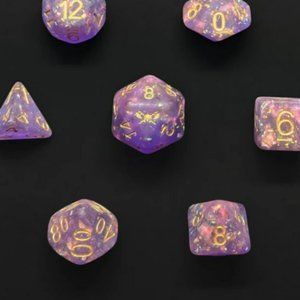 FROSTED ASTRAL SLIVER™️ - PURPLE WITH FOIL INCLUSIONS AND GOLD NUMBERS DICE SET